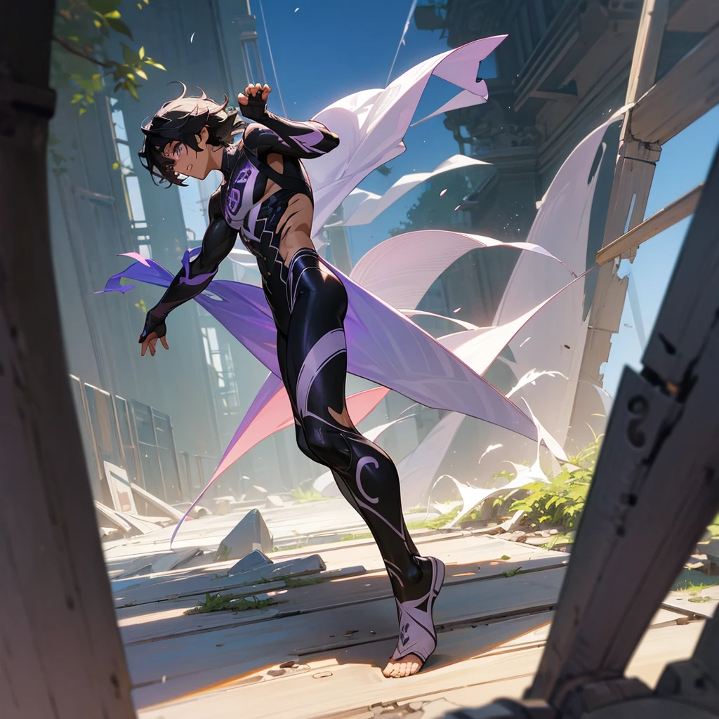 1male, young adult, dark skin, finely detailed plum eyes, wild medium hair, two tone hair, black hair color, seashell white hair color, full body combat suit, standing on ruined building, day time, tokyo streets, excited expression, muscular, tattoos, wisteria flowers, scars