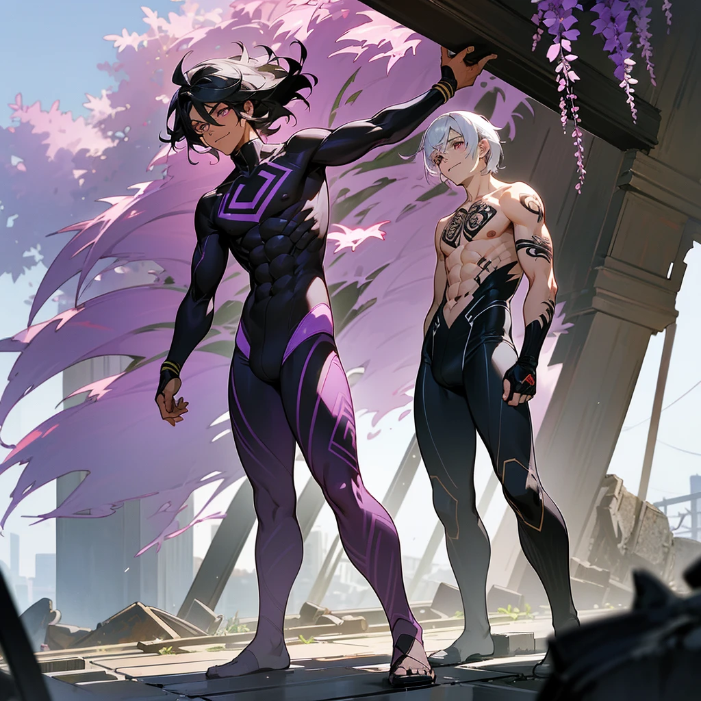 1male, young adult, dark skin, finely detailed plum eyes, wild medium hair, two tone hair, black hair color, seashell white hair color, full body combat suit, standing on ruined building, day time, tokyo streets, excited expression, muscular, tattoos, wisteria flowers, scars