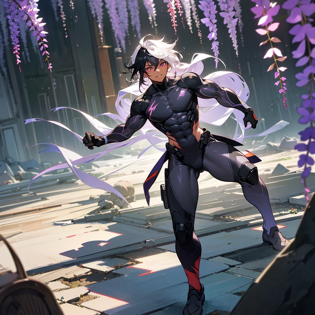 1male, adult, dark skin, finely detailed plum eyes, wild medium hair, two tone hair, black hair color, seashell white hair color, full body combat suit, standing on ruined building, day time, tokyo streets, excited expression, muscular, tattoos, wisteria flowers, scars