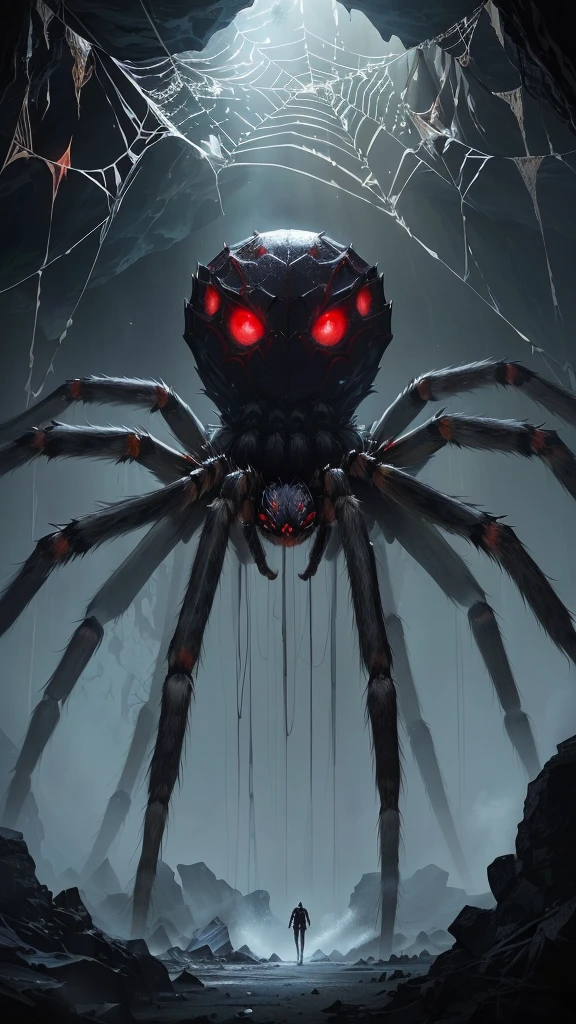 A spider stands in the middle of a cave, with Red glowing eyes, Giant spider, 大きなRed eyes, fear of Spider, smile, an ugly Giant spider, Big spider, Red glowing eyes, Giant spider foreground, Red eyes, Red eyes, Red eyesが光る, Spider形類, 大きなRed eyes!!!, Spider