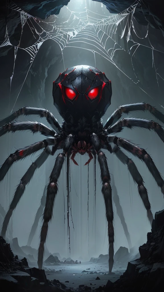 A spider stands in the middle of a cave, with Red glowing eyes, Giant spider, 大きなRed eyes, fear of Spider, smile, an ugly Giant spider, Big spider, Red glowing eyes, Giant spider foreground, Red eyes, Red eyes, Red eyesが光る, Spider形類, 大きなRed eyes!!!, Spider