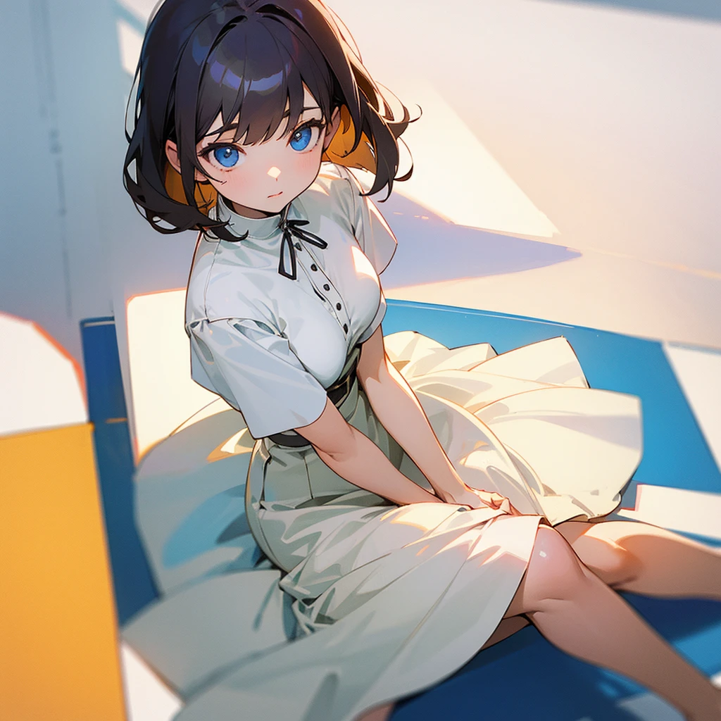 、A short-sleeved white blouse with a wide open neckline、skirt、Sitting on the floor、Composition from above