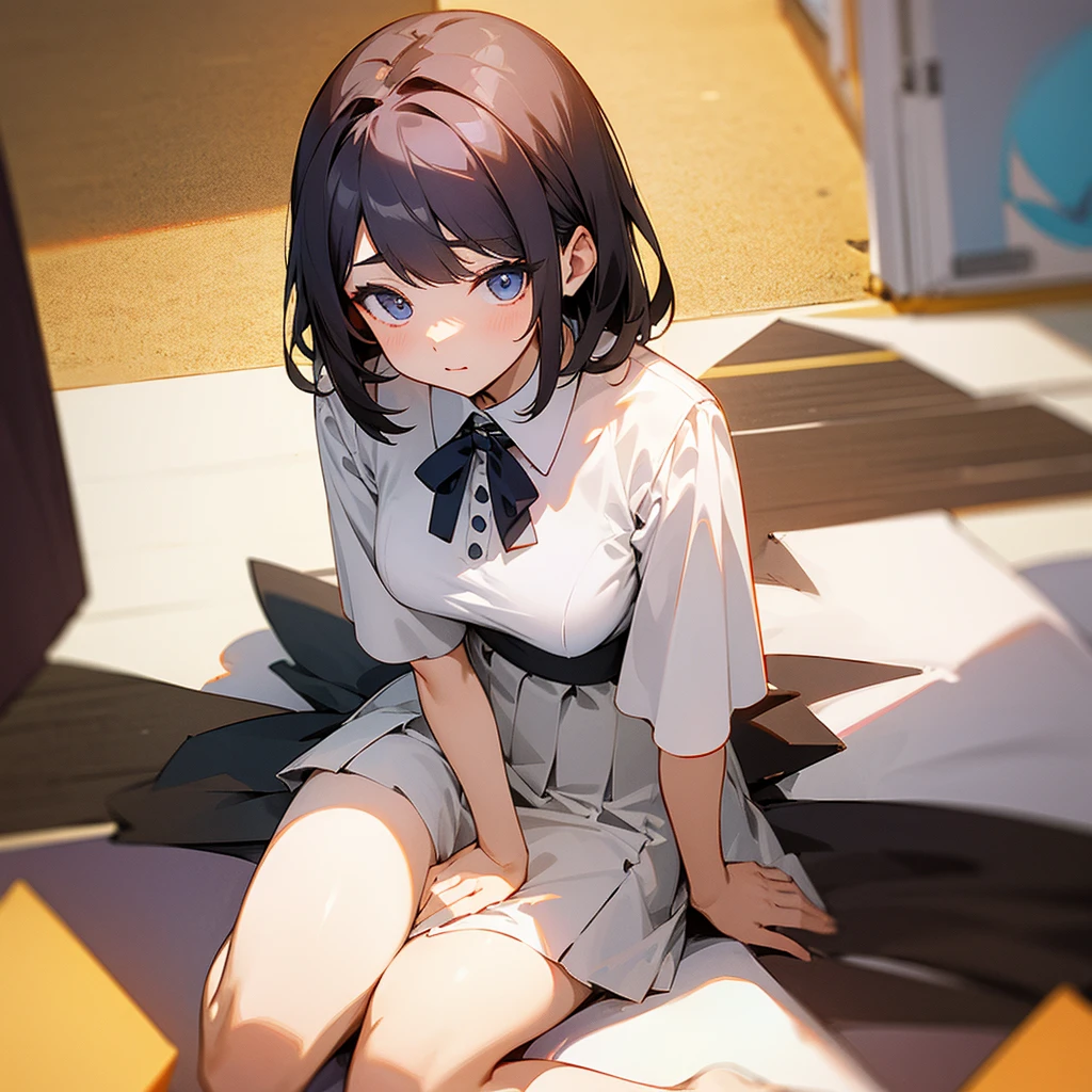 、A short-sleeved white blouse with a wide open neckline、skirt、Sitting on the floor、Composition from above