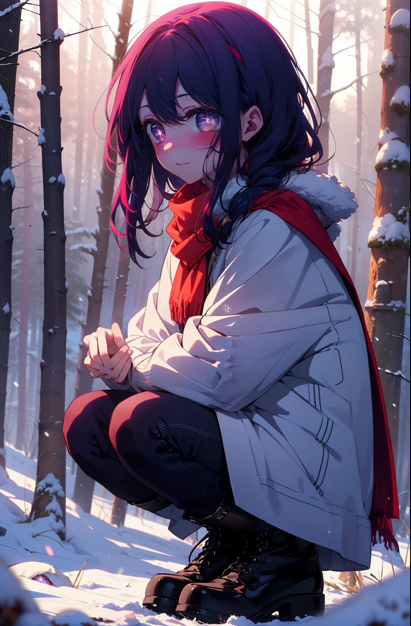 aihoshino, Ai Hoshino, Long Hair, bangs, (Purple eyes:1.1), Purple Hair, (Symbol-shaped pupil:1.5), smile,,smile,blush,White Breath,
Open your mouth,snow,Ground bonfire, Outdoor, boots, snowing, From the side, wood, suitcase, Cape, Blurred, , forest, White handbag, nature, Squat, Mouth closed, Cape, winter, Written boundary depth, Black shoes, red Cape break looking at viewer, Upper Body, whole body, break Outdoor, forest, nature, break (masterpiece:1.2), Highest quality, High resolution, unity 8k wallpaper, (shape:0.8), (Beautiful and beautiful eyes:1.6), Highly detailed face, Perfect lighting, Extremely detailed CG, (Perfect hands, Perfect Anatomy),