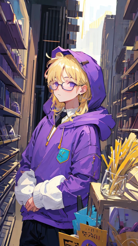Boy with blond hair wearing round-framed glasses and wearing a purple hoodie