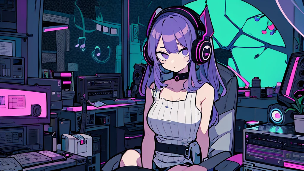 Best quality, (masterpiece), best detail face,1 girl, big breasts, 18 yo, 8k,absurdres,unity 8k wall paper,(extremely detailed:1.3), highest realistic, (retro headphones:), (soft neon light:), (psychedelic), Her room full of music equipment and plants, sexy sports wear , See the whole room, She is leaving the room, dark orange color palette
