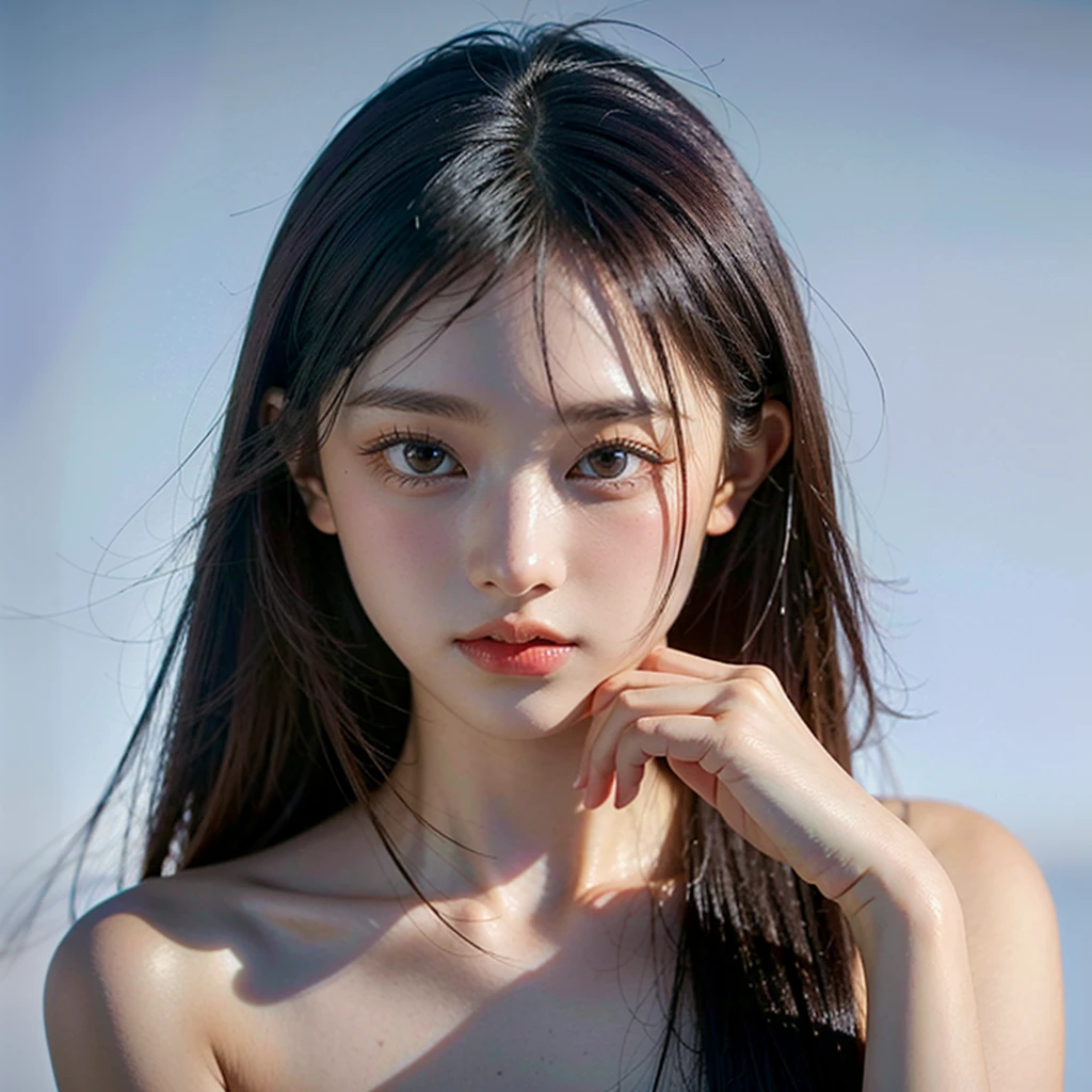 masterpiece,best quality,realisic skin details,portrait,upper body,cute girl,looking to the viewer,asian,pale skin,beautiful,simple background,looking at viewer,nude, haerin,