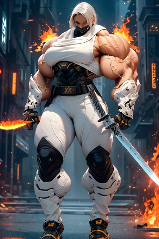 ((((Massive, beautiful, buff, muscular light brown skinned female ninja with white hair, black lipstick, ginormous bulky muscles, holding a white fire sword and wearing an all white cyber ninja armor with pants)))), {close view}, black eyeliner, massive muscles, large breast, massive biceps, hyper muscle triceps, (long straight hair), blue eyes, ninja mask, ninja boots, In a futuristic city, sleeveless, steel ninja armor, nighttime, closed smile, hyper muscles arms, hyper muscle legs, ginormous arms