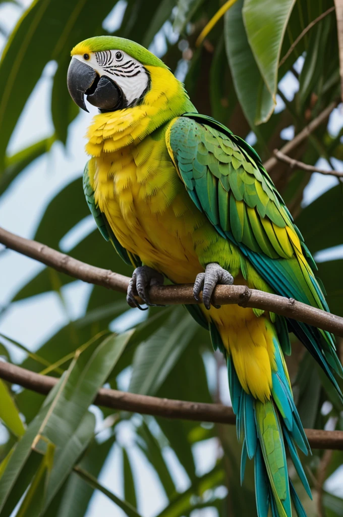Green and yellow parrot, long tail and big beak