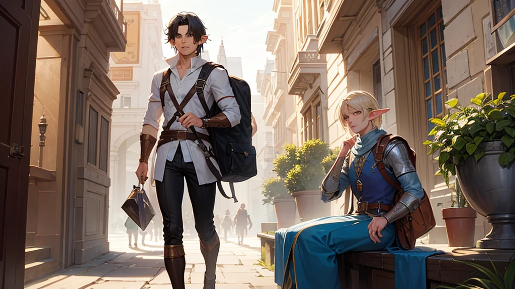 there is a man with a backpack and a bag on his shoulder, a male elf, as a dnd character, a portrait of a male elf, inspired by Roman Bezpalkiv, as a d & d character, handsome prince of persia, inspired by Gaston Anglade, inspired by Pogus Caesar, inspired by Caesar van Everdingen, Full body, master piece, perfect face.
