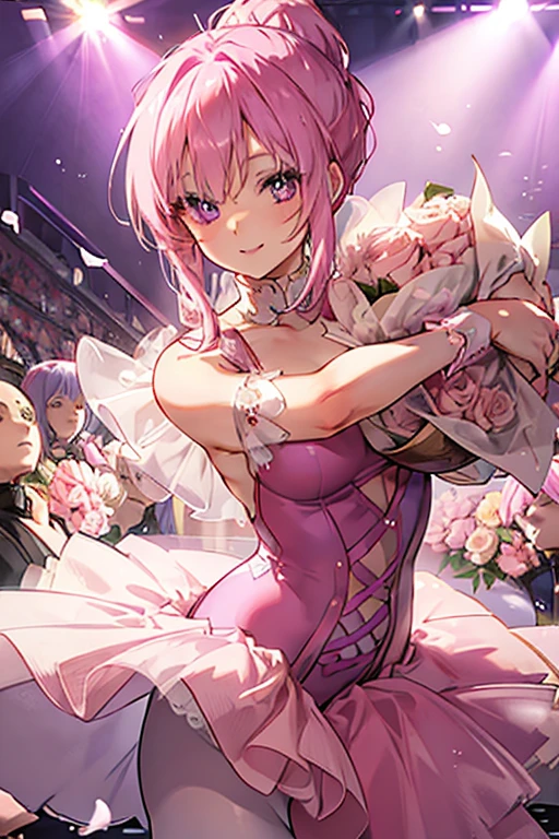 A pink haired woman with violet eyes with an hourglass figure in a ballet uniform with her hair in a bun is laying on the stage with a big smile with peonies all around her