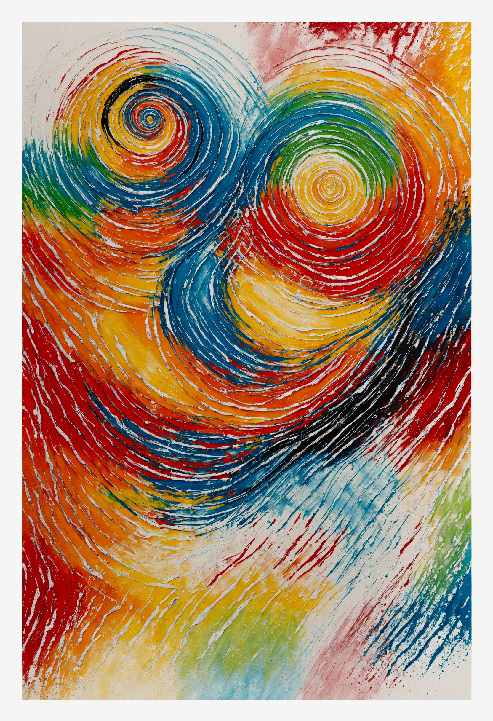 A colorful abstract painting with a spiral design, Acrylic painting on canvas, Using mixed media, Abstract Style, expressionistic, Complex curves