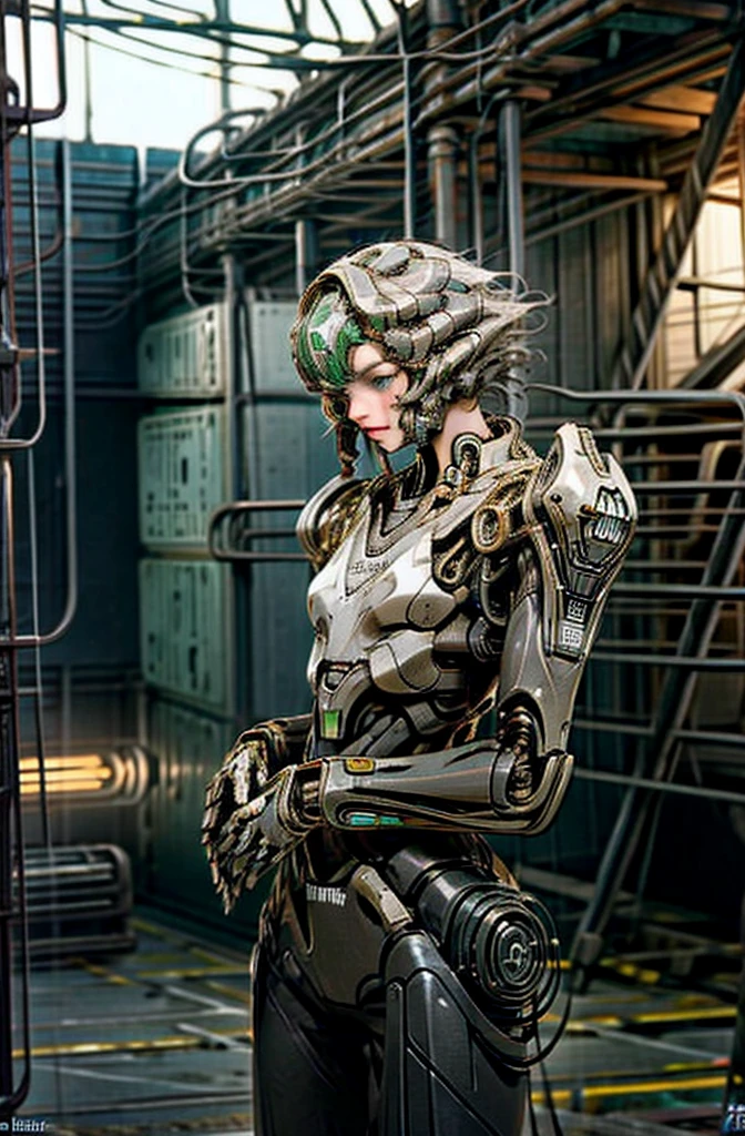 a dark fantasy cyberpunk scene, 1 man with a chainsaw, a beautiful woman in a mecha suit, a cybernetic guardian, mechanical marvel, robotic presence, intricate mechanical details, rusted steel metal, elegant, clear focus, photo by Greg Rutkowski, gentle soft lighting, vivid colors, masterpiece, dynamic poses, cowboy shot, no helmet