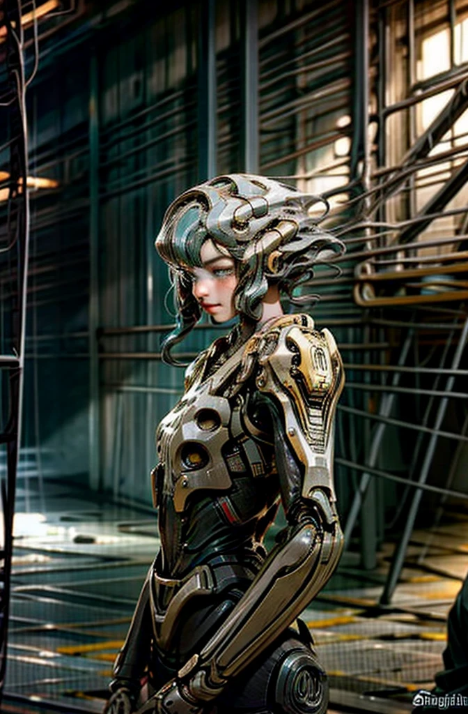 a dark fantasy cyberpunk scene, 1 man with a chainsaw, a beautiful woman in a mecha suit, a cybernetic guardian, mechanical marvel, robotic presence, intricate mechanical details, rusted steel metal, elegant, clear focus, photo by Greg Rutkowski, gentle soft lighting, vivid colors, masterpiece, dynamic poses, cowboy shot, no helmet