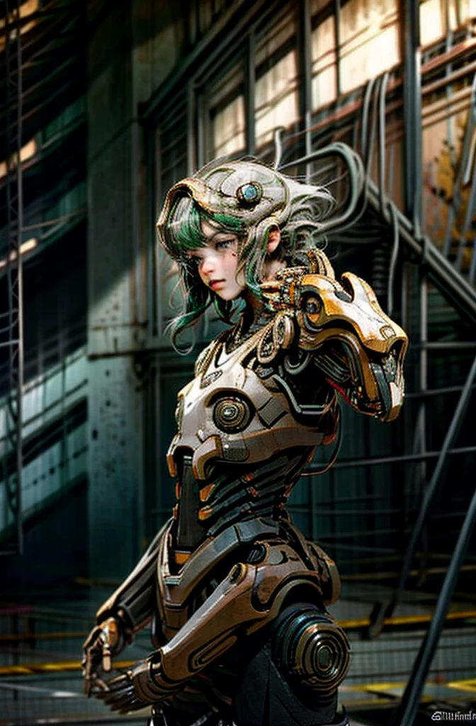 a dark fantasy cyberpunk scene, 1 man with a chainsaw, a beautiful woman in a mecha suit, a cybernetic guardian, mechanical marvel, robotic presence, intricate mechanical details, rusted steel metal, elegant, clear focus, photo by Greg Rutkowski, gentle soft lighting, vivid colors, masterpiece, dynamic poses, cowboy shot, no helmet