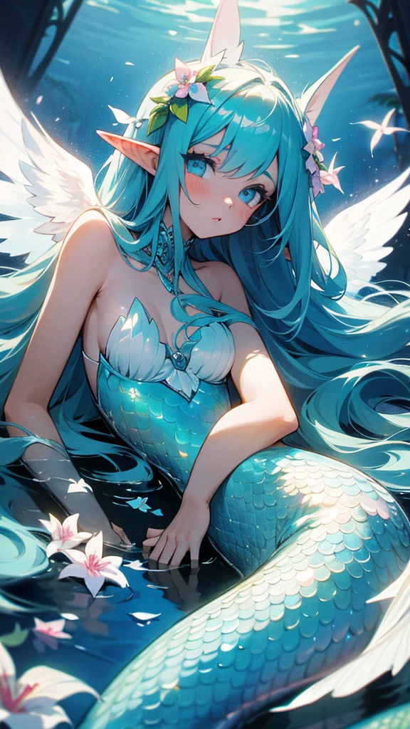 Mermaid girl with angel wings, Blue shades, Elven ears, flowers in hair