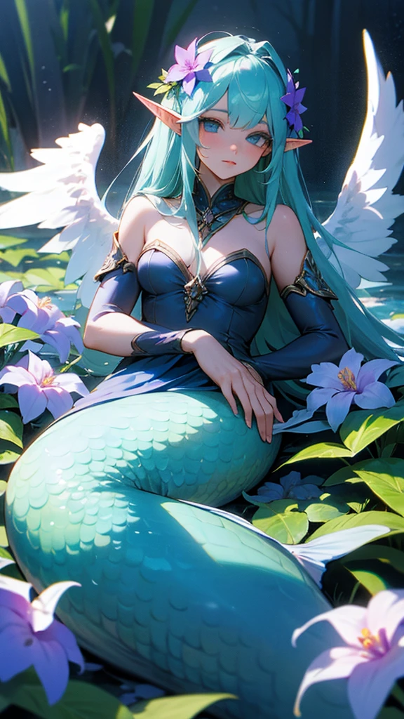 Mermaid girl with angel wings, Blue shades, Elven ears, flowers in hair