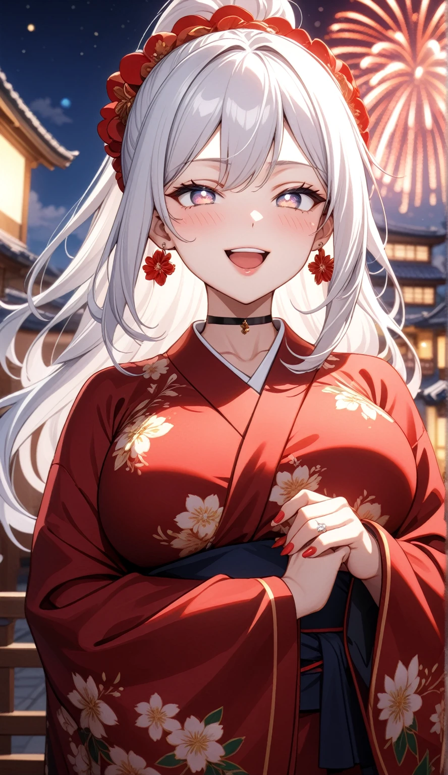 ((One personの女性)), Beautiful Face, crossed arms,Laughing embarrassedly,((Wink:1.9)),Laugh with your mouth wide open((Bright red cheeks:1.4)),Shiny red lips,night,rooftop,Festive decorations,You can see the ocean, firework,Laughing with your mouth open,Glossy pink lips,Lighting on the face,((Anime style background)),masterpiece, Highest quality, so beautiful,Latest, Complex details, (Pink long nails),(ring),(bracelet),(choker),AI-generated, Complex,High resolution, Highest quality, super high quality,3D Images、looking outside、3D Images,One person,Long white hair,High Ponytail,(blue eyes),Anime woman posing for a photo, ((Fine grain、Silvery white colorful eyes、Shining Eyes:1.4)),(Squint your eyes:1.1),a hyperRealistic , hyperRealistic , Realistic,Anime woman with long and white hair, Smooth anime CG art, A woman in a colorful kimono with gold embroidery, (Black long sleeve kimono),Red floral pattern,Long flower hair ornament,Big earrings,Mature Body,(Big Breasts:1.1),Tall,Abdominal muscles,Narrow waist,(Zoom in on face:1.7),Shooting from below at an angle