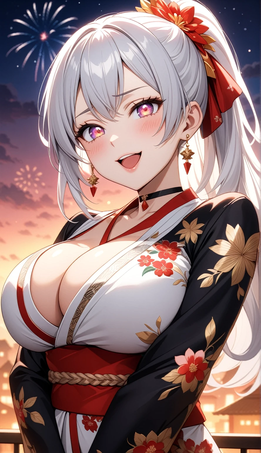 ((One personの女性)), Beautiful Face, crossed arms,Laughing embarrassedly,((Wink:1.9)),Laugh with your mouth wide open((Bright red cheeks:1.4)),Shiny red lips,night,rooftop,Festive decorations,You can see the ocean, firework,Laughing with your mouth open,Glossy pink lips,Lighting on the face,((Anime style background)),masterpiece, Highest quality, so beautiful,Latest, Complex details, (Pink long nails),(ring),(bracelet),(choker),AI-generated, Complex,High resolution, Highest quality, super high quality,3D Images、looking outside、3D Images,One person,Long white hair,High Ponytail,(blue eyes),Anime woman posing for a photo, ((Fine grain、Silvery white colorful eyes、Shining Eyes:1.4)),(Squint your eyes:1.1),a hyperRealistic , hyperRealistic , Realistic,Anime woman with long and white hair, Smooth anime CG art, A woman in a colorful kimono with gold embroidery, (Black long sleeve kimono),Red floral pattern,Long flower hair ornament,Big earrings,Mature Body,(Big Breasts:1.1),Tall,Abdominal muscles,Narrow waist,(Zoom in on face:1.7),Shooting from below at an angle