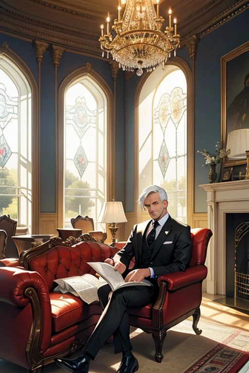 (Best Quality, 4k, high resolution, Masterpiece: 1.2), A professional man in a sharp suit and tie, holding a newspapers with serious expression, sitting on a plush armchair in a spacious, fantastical house room. The sun rays filtering through the large bay windows illuminating the scene. His eyes are intently focused on the pages of the newspaper, a cup of hot coffee resting on the side table.

A magnificent chandelier hangs above, casting a warm glow on the man and the room. The walls are adorned with intricate patterns and golden trimmings. An ornate fireplace crackles gently in the background, adding to the co