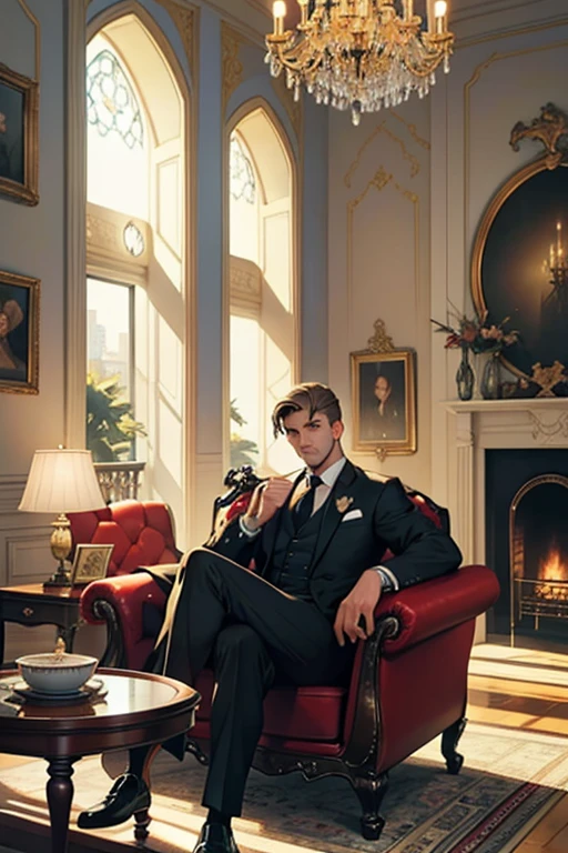 (Best Quality, 4k, high resolution, Masterpiece: 1.2), A professional man in a sharp suit and tie, holding a newspapers with serious expression, sitting on a plush armchair in a spacious, fantastical house room. The sun rays filtering through the large bay windows illuminating the scene. His eyes are intently focused on the pages of the newspaper, a cup of hot coffee resting on the side table.

A magnificent chandelier hangs above, casting a warm glow on the man and the room. The walls are adorned with intricate patterns and golden trimmings. An ornate fireplace crackles gently in the background, adding to the co