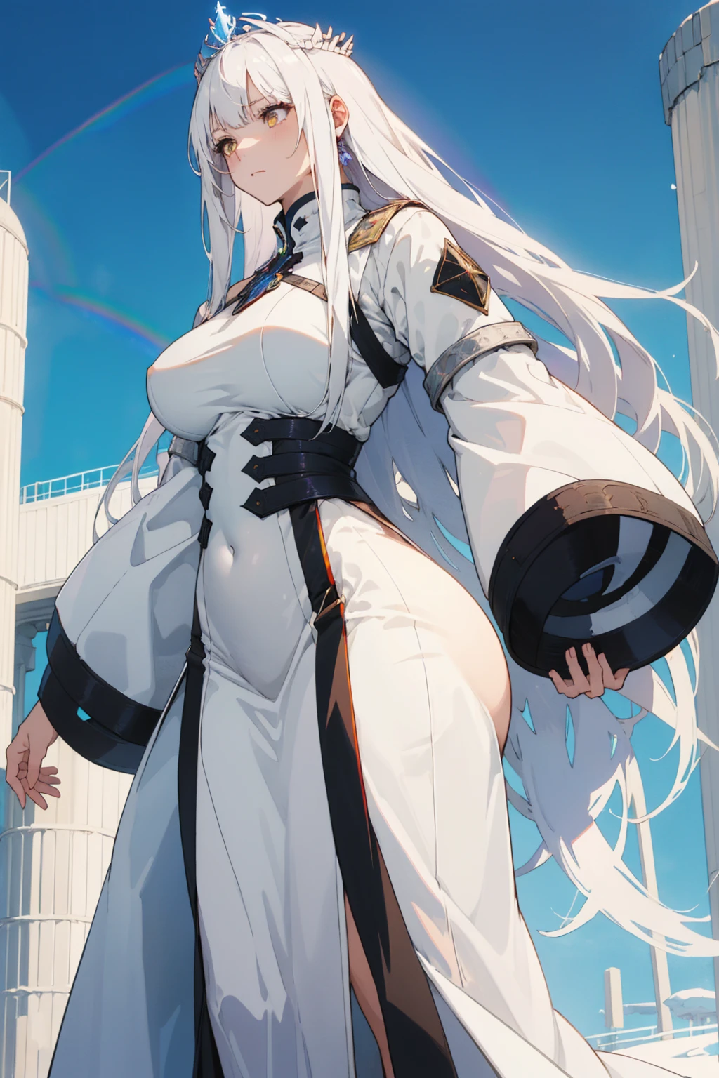 A girl with long straight white hair and an imposing figure, whole body, White silo, White eyes, Medium breasts, Big Ass, Ice Crown, Queen's Crown, Royal Ice Queen, 飘落的snowflake, snowflake, Few clothes, White ice coat , whole body都是闪闪发光的冰石, rest, iceberg, Ice Moon, Lots of blue and white, blended colors, (Surreal), {Extremely detailed CG unit 8k wallpaper}, Expansive landscape photography , (Bottom-up view with the character in focus, Broad horizons), (Low angle shot), (emphasize: 1.0), (Low light: 1.5), (Warm light source: 0.5), Intricate details, (Rainbow Colors: 1.5), (Bright Lights), (Atmospheric lighting), Dreamy, magic, Surreal主义, Solo 1,huge , Crazy breast swelling, Chest larger than shoulder blades, Big breasts and thin waist,(huge breasts:1.2),Hydrated skin((rogue))((非常huge乳房)),((Grooves reveal original skin))