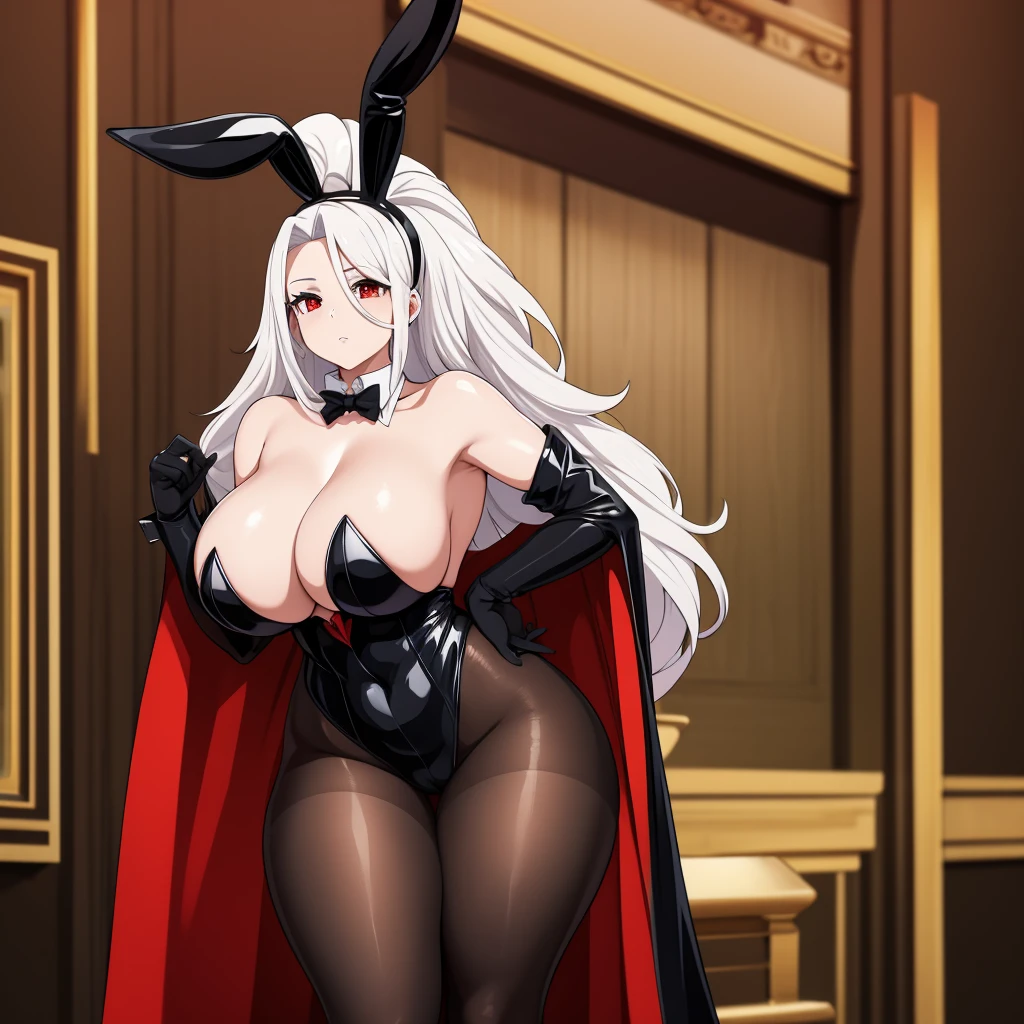 A woman wearing a playboy bunny costume, black bonny tiara, long white hair, transparent black tights, red eyes, long white hair, big breasts, wearing a black fur cape, standing in a luxurious room,UHD, prime work, accurate, anatomically correct, textured skin, super details, high quality, best quality, 8k, high resolution, bokeh effect. (woman alone)
