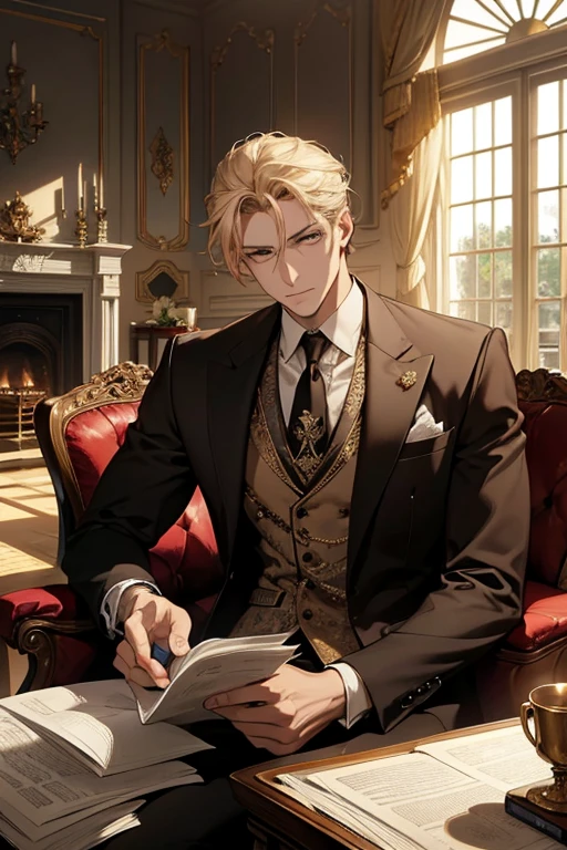 (Best Quality, 4k, high resolution, Masterpiece: 1.2), A professional man in a sharp suit and tie, holding a newspapers with serious expression, sitting on a plush armchair in a spacious, fantastical house room. The sun rays filtering through the large bay windows illuminating the scene. His eyes are intently focused on the pages of the newspaper, a cup of hot coffee resting on the side table.
A magnificent chandelier hangs above, casting a warm glow on the man and the room. The walls are adorned with intricate patterns and golden trimmings. An ornate fireplace crackles gently in the background, adding to the co