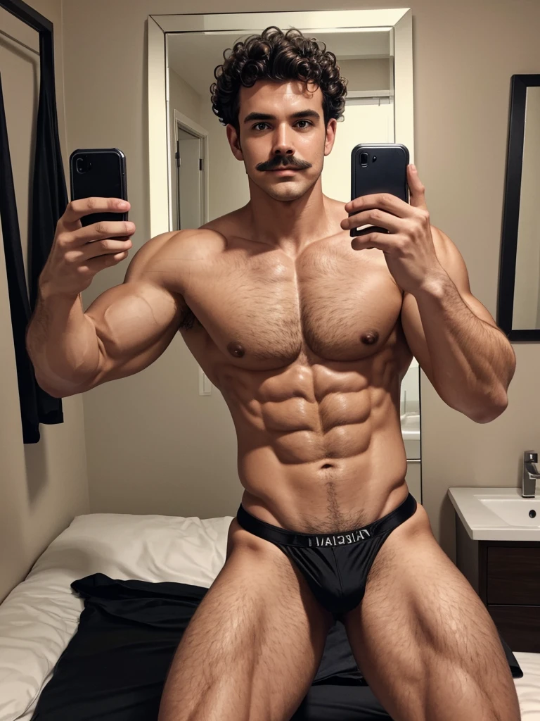 Handsome man , light mustache, hot muscular body , medium curly hair , mirror selfie, best quality like its taken by iPhone 12 , wearing black baggy brief lying on bed