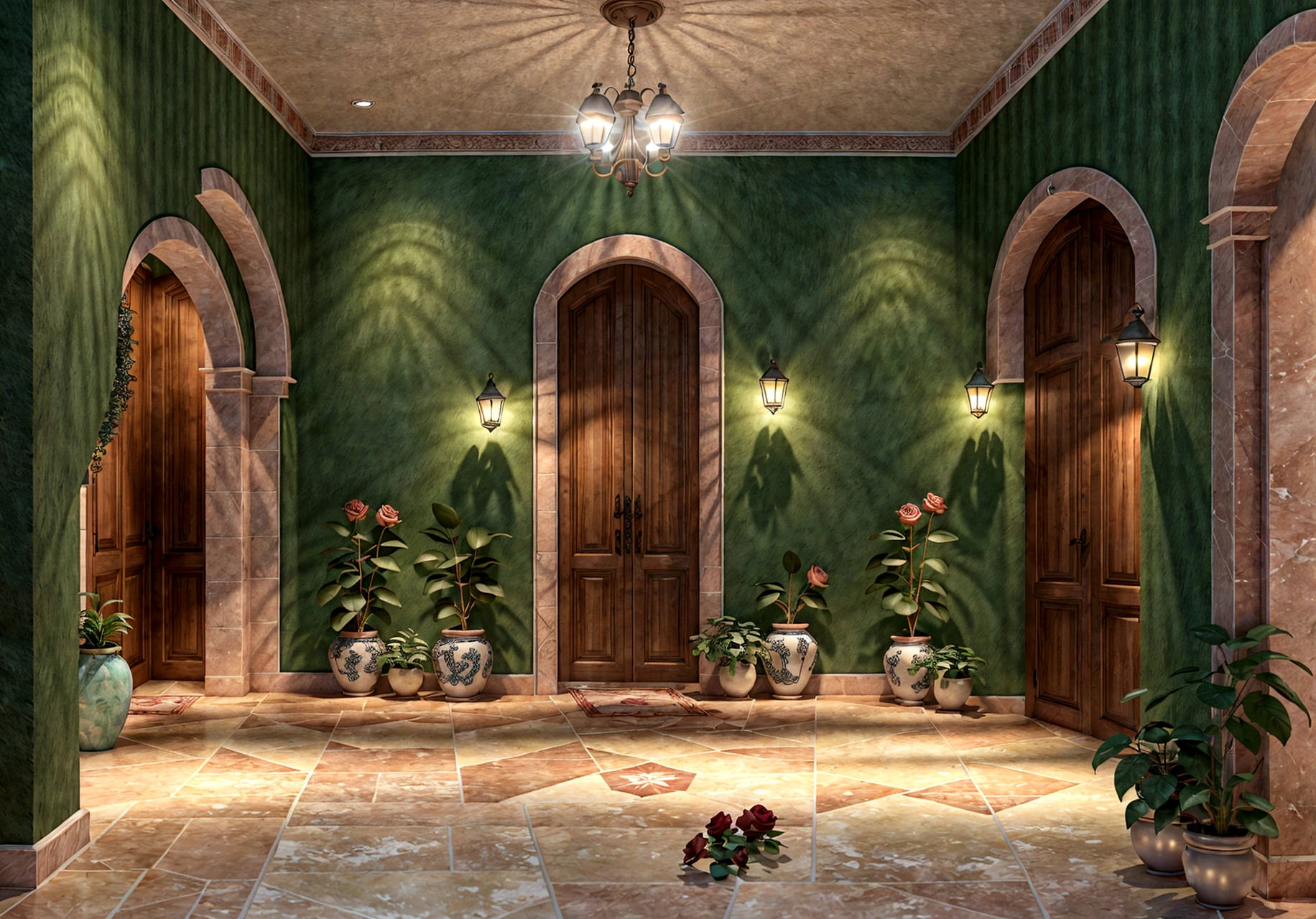 a beautiful interior, mediterranean style, light color tones, decorative lighting, cabinets, rose flowers, green plants, lamps, front view, eye-level angle, wide angle lens, full frontal wall view, hyper realistic, cinematic lighting, super high definition, high quality, high detail, high resolution