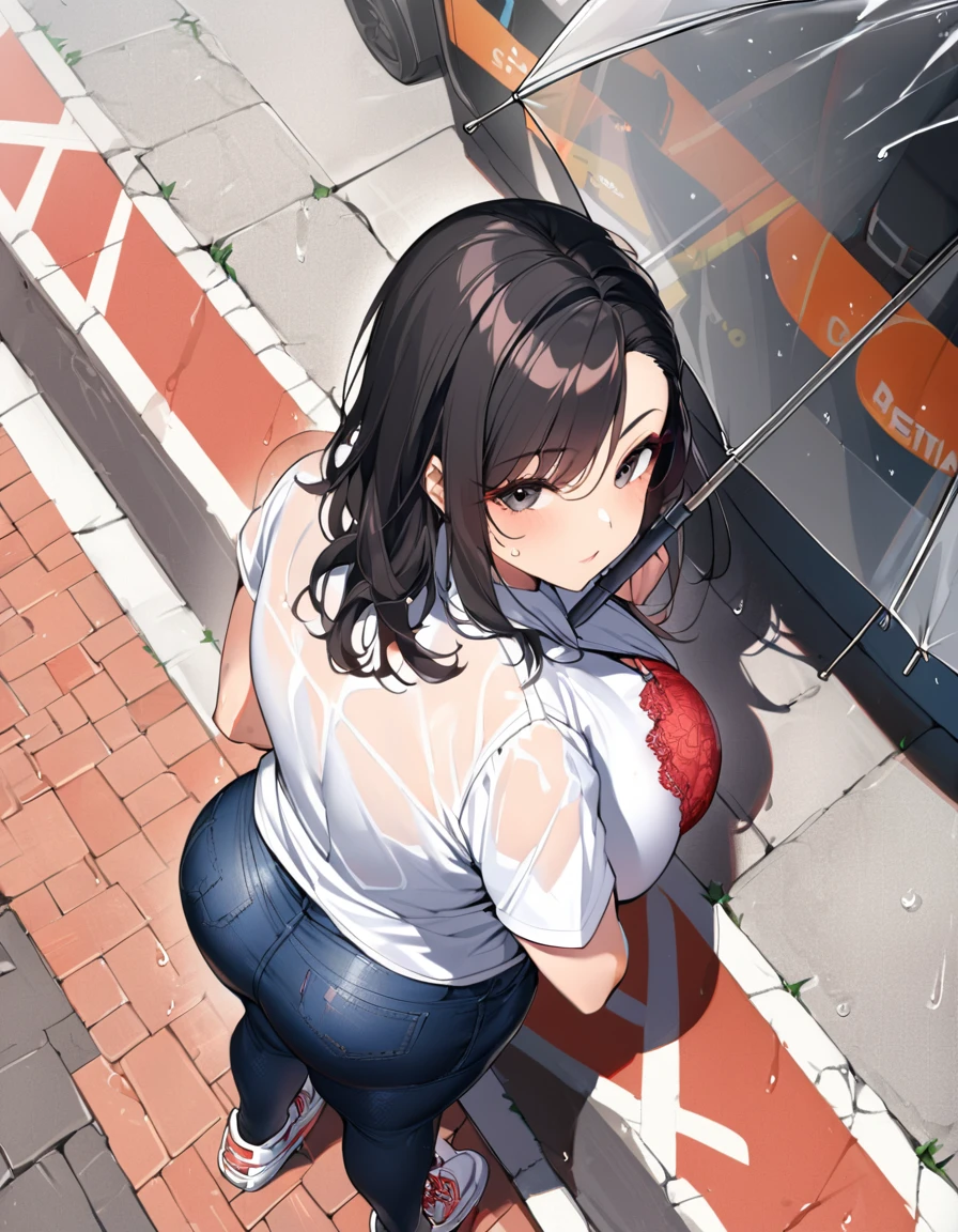 1woman,solo,milf,mature female,medium long hair,black hair,asymmetrical bangs,black eyes,plump,large breasts, red lace bra under wet white business shirt,denim_skin-tight_pants,sneakers, transparent_umbrella,back,upper_body,from_behind,from_above,street,