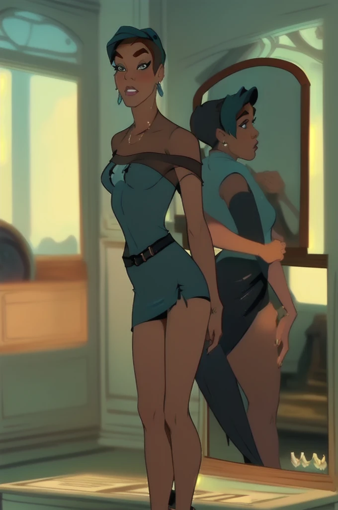 ((Best Quality)), ((Masterpiece)) 2 women 22 years old, stylish, danastasia (( full figure view))  (( in front of a mirror))  ((surprised expression)) ((( turquoise bodycon short dress ,  mini skirt, black sheer shawl ))) hi-res, accurate anatomy, (cinematic light:1.1)
