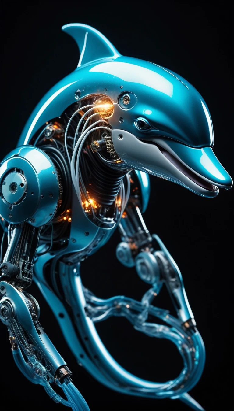 Translucent movie stills (Dolphin as a cybernetic robot:1.5), (Glowing Veins:1.3) (The cable enters the body, circuit:1.3), Very detailed, Vignette, Very detailed, High budget, Bokeh, Sulky, amazing, nice, Film Grain, granular　　　Dolphin in its purest form