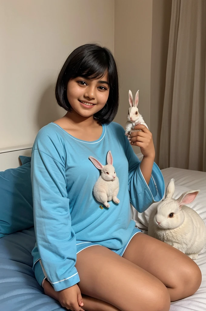 A selfie of young Indian chubby girl with short hair and fair complexion sitting on bed wearing a pajama and holding a rabbit and a rabbit sitting infront of her and she laughing