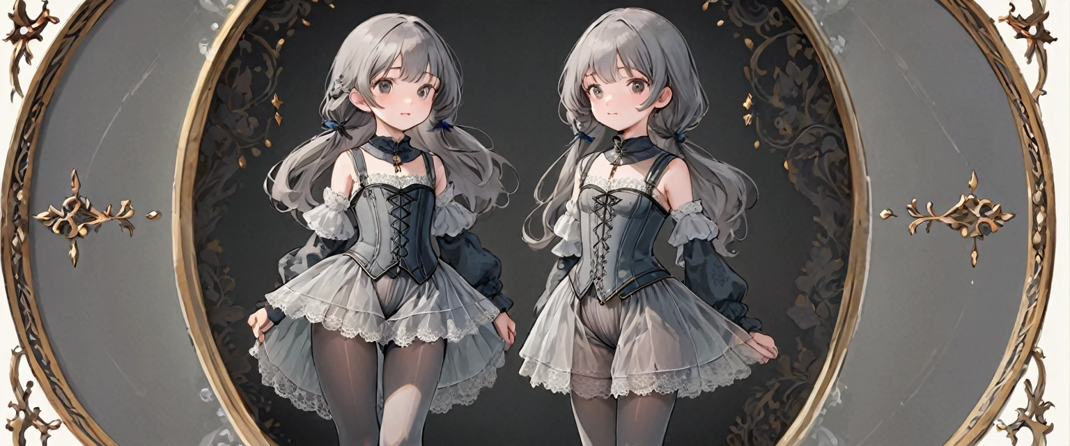 8 year old medieval girl, underwear姿、Translucent bloomers with knee-length lace(underwear)Wearing、Wearing a semi-transparent corset、Grey translucent tights
