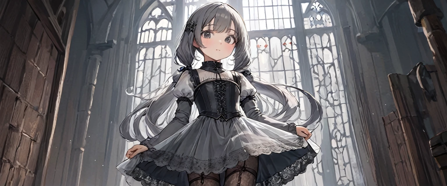 8 year old medieval girl, underwear姿、Translucent bloomers with knee-length lace(underwear)Wearing、Wearing a semi-transparent corset、Grey translucent tights