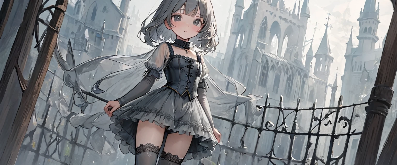 8 year old medieval girl, underwear姿、Translucent bloomers with knee-length lace（underwear）Wearing、Wearing a semi-transparent corset、Grey translucent tights