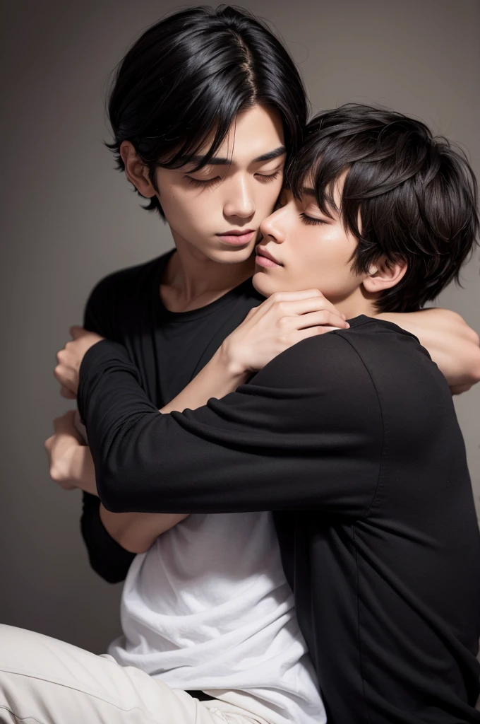 boy with black hair and dark blond hair hugging