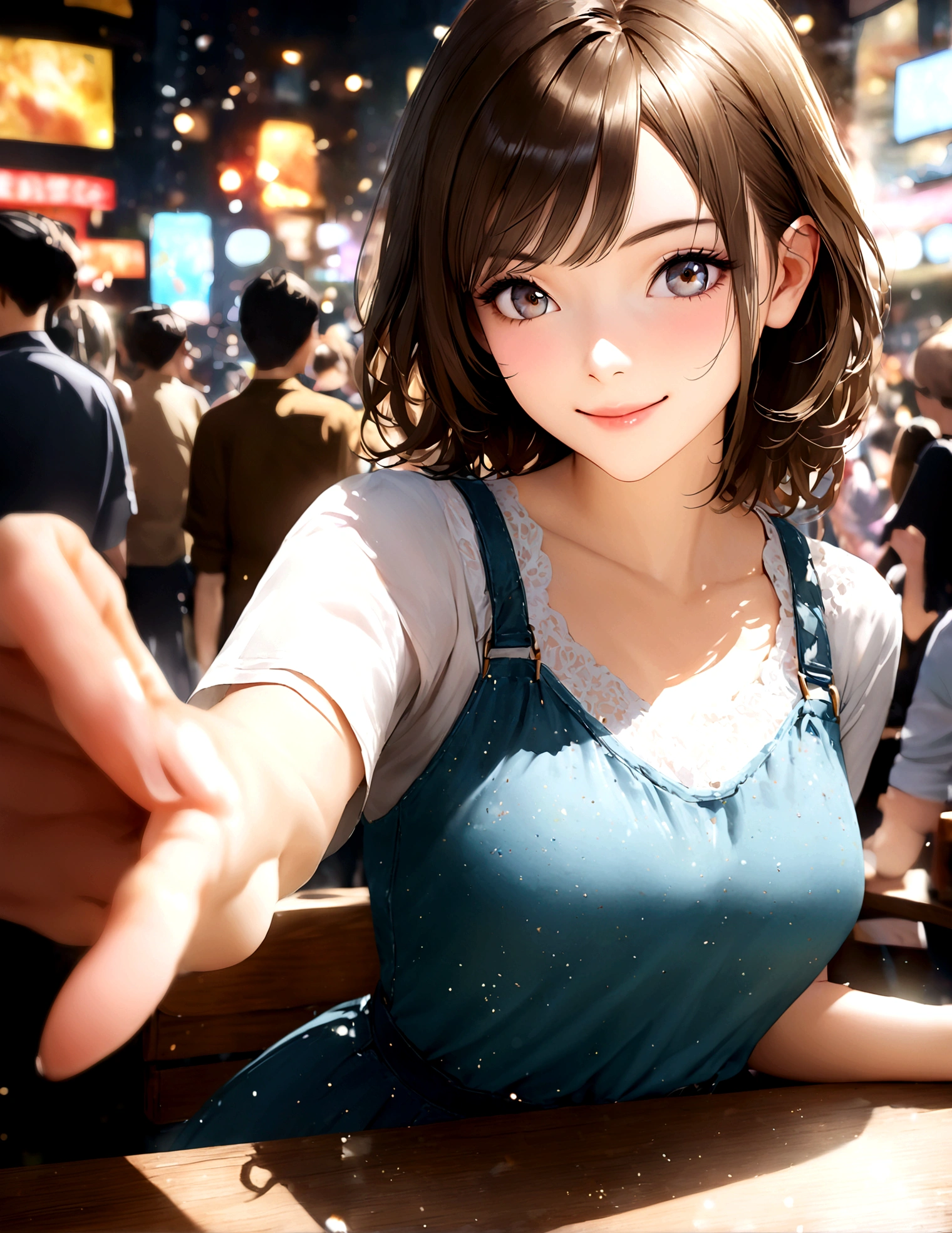 Shinjuku, Cute casual clothes,On a date,Blur the background,high school girl,Shortcuts,smile,Glitter effect,Highest quality, 4K, 8K, High resolution, masterpiece:1.2, Very detailed, Realistic:1.37, High resolution, 超High resolution, Ultra-fine painting, Sharp focus, Physically Based Rendering, Very detailedな説明, Professional, Vibrant colors