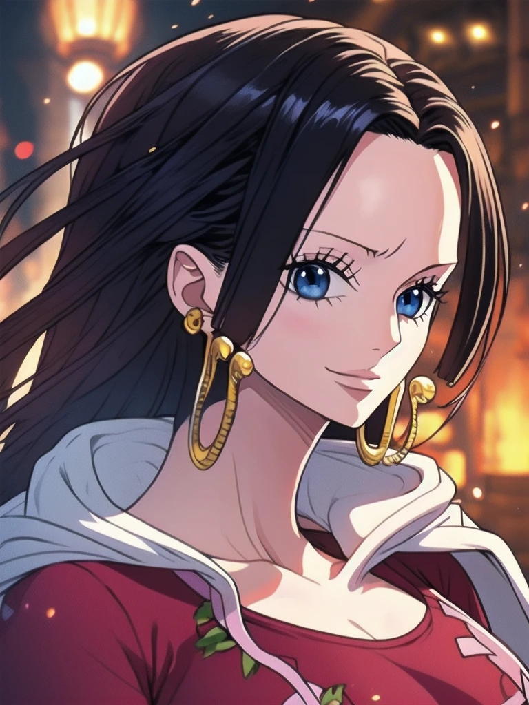 Masterpiece, Boa Hancock from One Piece, detailed face, beautiful blue eyes, small smile, wears earrings; big breasts, cleavage, loose and stylized hair, long beautiful hair, wears Boa Hancock earrings, (wears a red dress), (wears a white cape), has cleavage, bare abdomen, battle pose. The art style should resemble a captivating anime style. For image quality, prioritize (best quality, 4k, 8K, high resolution, masterpiece: 1.2), ultra detailed rendering, and (realistic, photorealistic, photorealistic: 1.37). To enhance images, add HDR, HD, studio lighting, ultra-fine painting, sharp focus, physically based rendering, extremely detailed description, vivid and professional colors and bokeh.