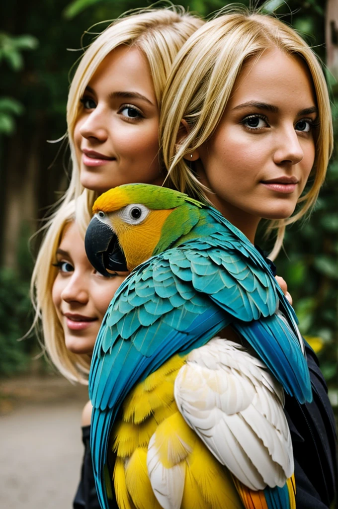 A blonde girl with a parrot on her shoulder