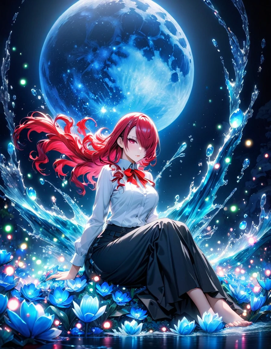 absurdres, highres, ultra detailed, HDR, masterpiece, Kirijo Mitsuru, long red hair, hair over the left eye, expressive red eyes, Persona 3, solo, woman sitting, beautiful, white shirt, red ribbon, black long skirt, magical, fantasy, water, blue moon, starry, blue fireflies, blue flowers