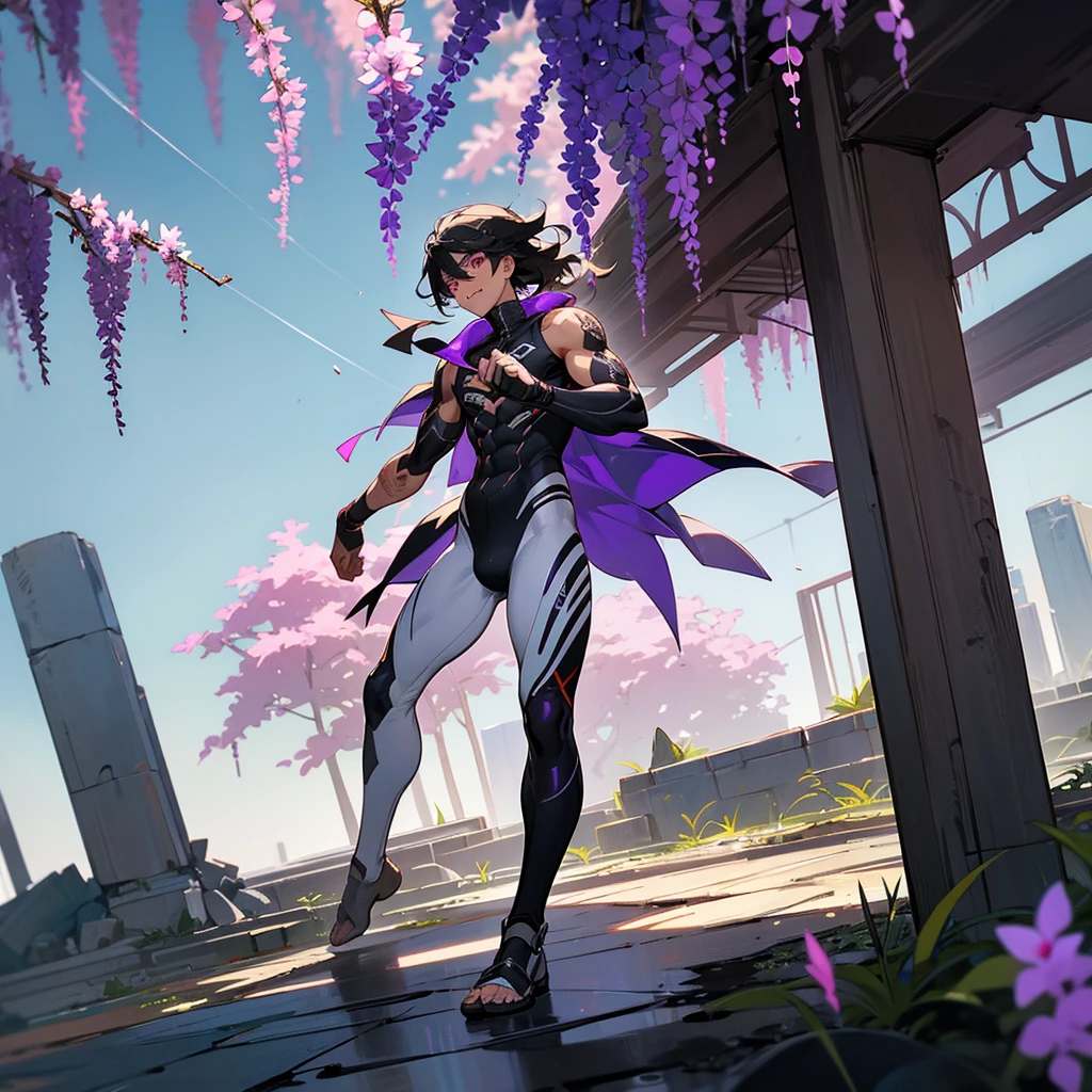 1male,  adult, dark skin, finely detailed plum eyes, wild medium hair, two tone hair, black hair color, seashell white hair color, full body combat suit, standing on ruined building, day time, tokyo streets, excited expression, muscular, tattoos, wisteria flowers, scars