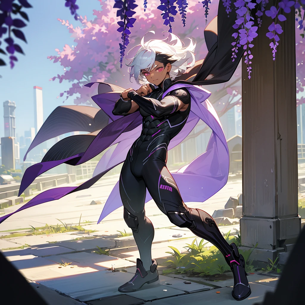 1male, young adult, dark skin, finely detailed plum eyes, wild medium hair, two tone hair, black hair color, seashell white hair color, full body combat suit, standing on ruined building, day time, tokyo streets, excited expression, muscular, tattoos, wisteria flowers, scars