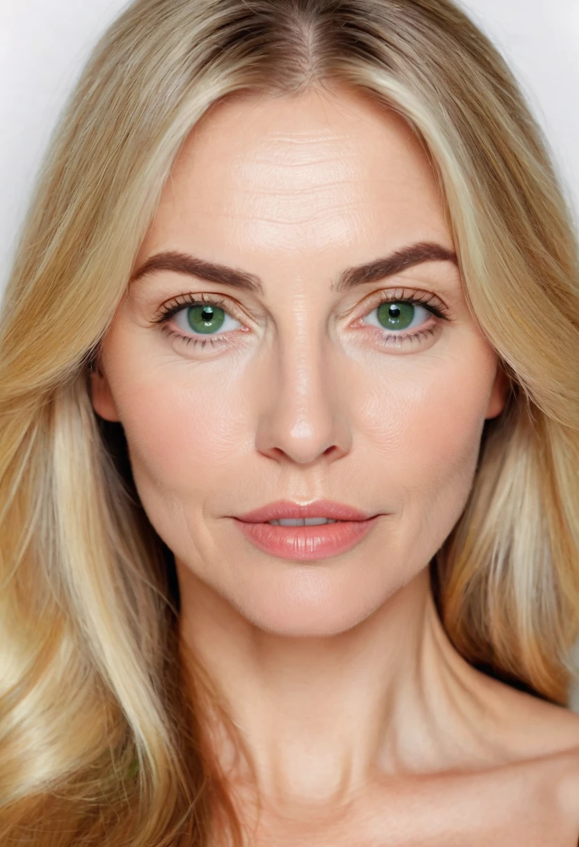 woman 45 years old, blondie hair , with open pores, wrinkles, greeneyes, big face and full lips, bushy eyebrows, is looking straight into the camera, with a welcoming look, , homemade looking photo, no effects and shine, must look like a real person, cell phone selfie photo