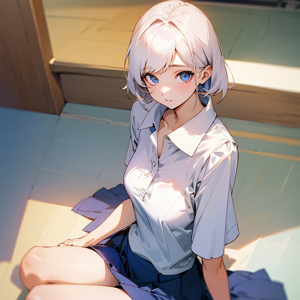 、Short sleeve white blouse、Open collar、skirt、Sitting on the floor、Composition from above
