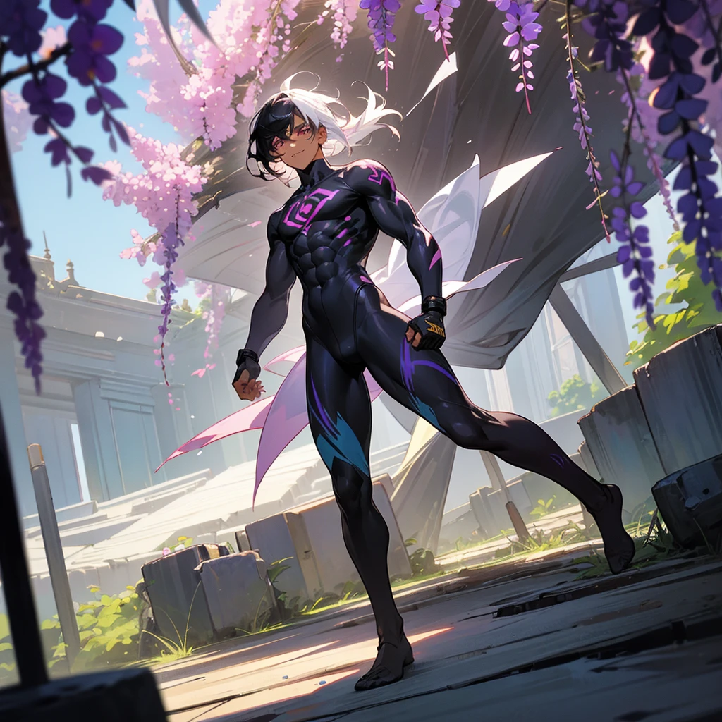 1male, young adult, dark skin, finely detailed plum eyes, wild medium hair, two tone hair, black hair color, seashell white hair color, full body combat suit, standing on ruined building, day time, tokyo streets, excited expression, muscular, tattoos, wisteria flowers, scars