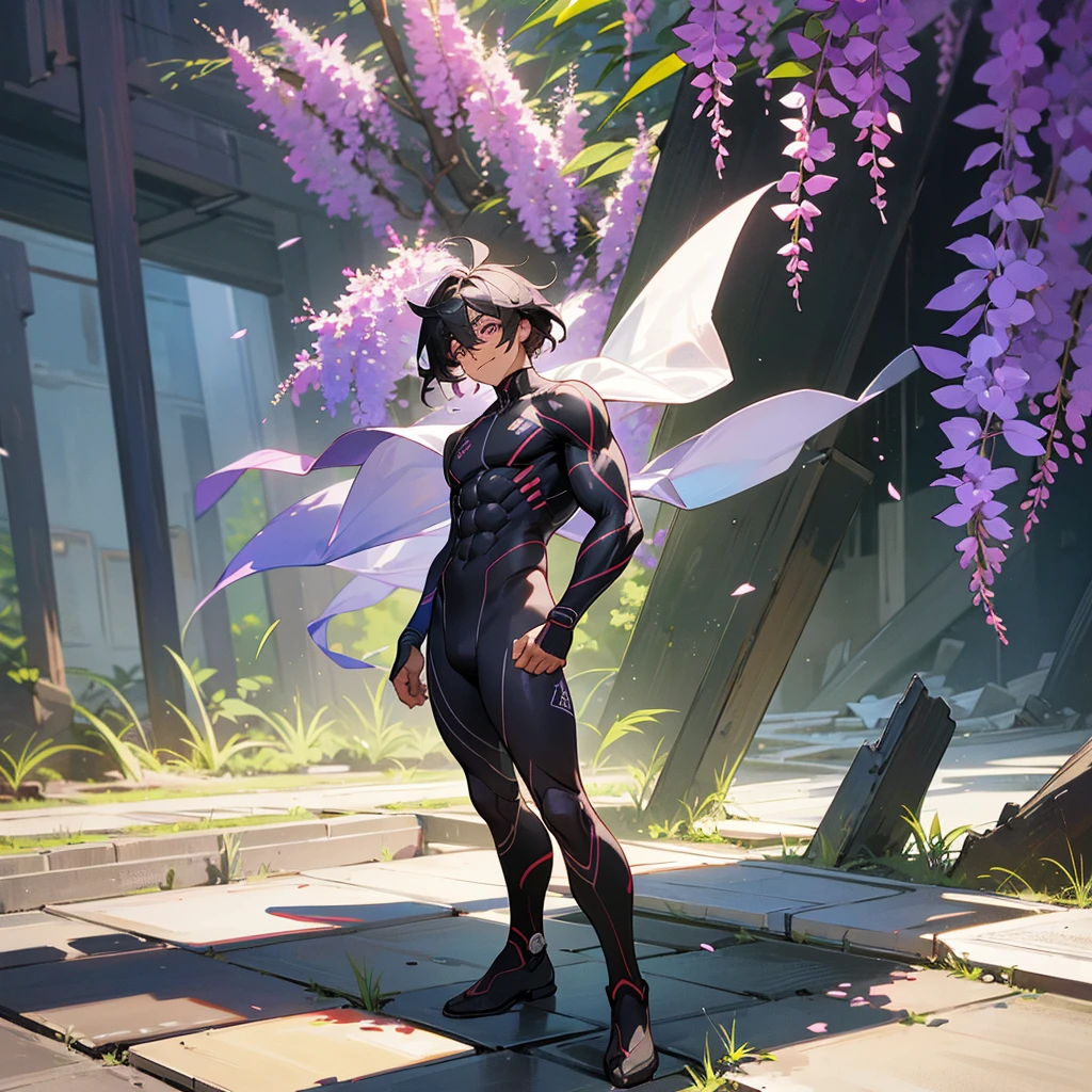 1male, adult, dark skin, finely detailed plum eyes, wild medium hair, two tone hair, black hair color, seashell white hair color, full body combat suit, standing on ruined building, day time, tokyo streets, excited expression, muscular, tattoos, wisteria flowers, scars