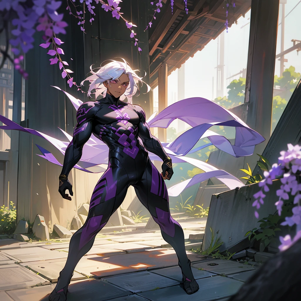 1male, young adult, dark skin, finely detailed plum eyes, wild medium hair, two tone hair, black hair color, seashell white hair color, full body combat suit, standing on ruined building, day time, tokyo streets, excited expression, muscular, tattoos, wisteria flowers, scars