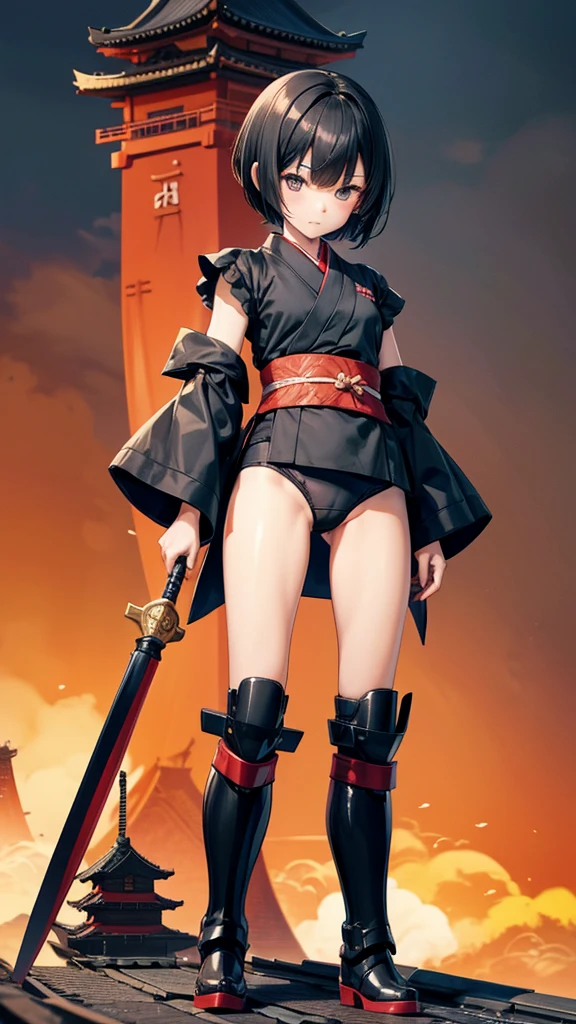 Black short-haired girl with doll head and flat chest,Japanese Ninja,Kimono with short sleeves,Hand guard,underwear,Bare Legs,iron boots,Standing,Japanese castle roof